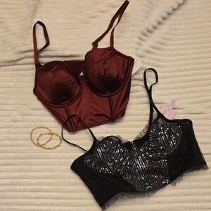 Wild Fable Burgundy Satin and Black Sequin Bralette Set
